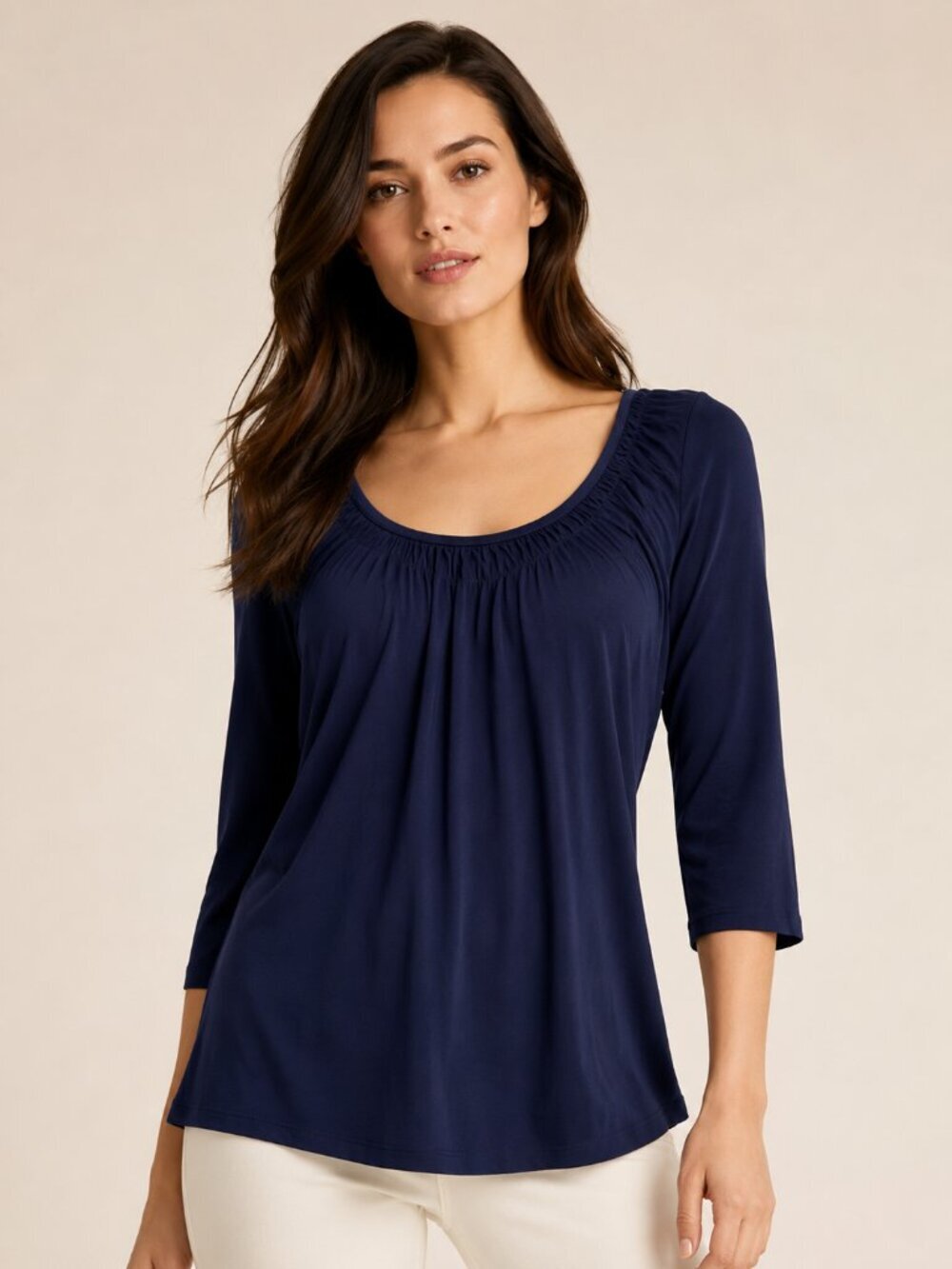 Talbots Navy Blue Gathered Scoop Neck 3/4 Sleeve Top Women’s Small
